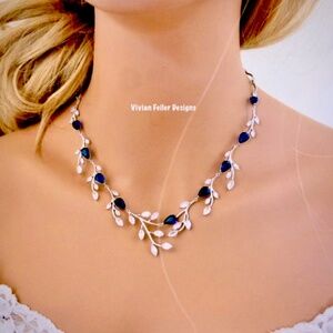 Sapphire Blue Jewelry SET VINE Marquise Bridal Necklace and Earrings CZ Wedding